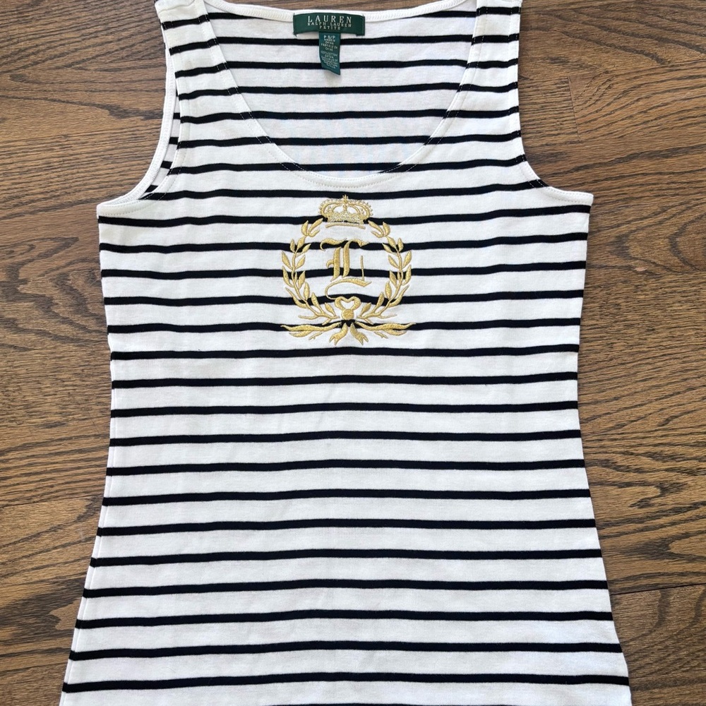 Ralph Lauren White Tank with Black Stripes and Gold Crest - SP